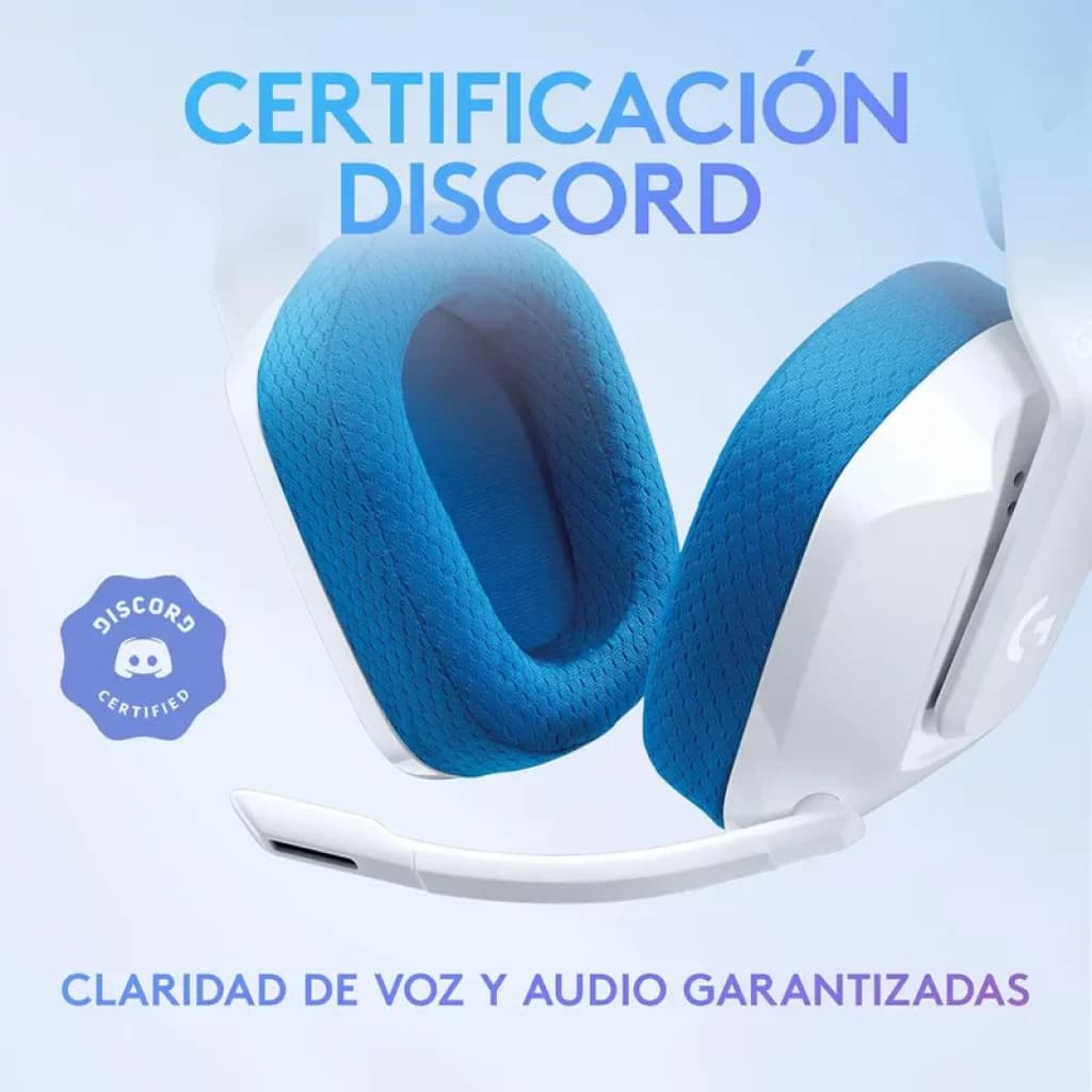 Casque filaire blanc avec arceau léger, coussinets bleus respirants, micro rabattable et certification Discord pour voix claire et audio net