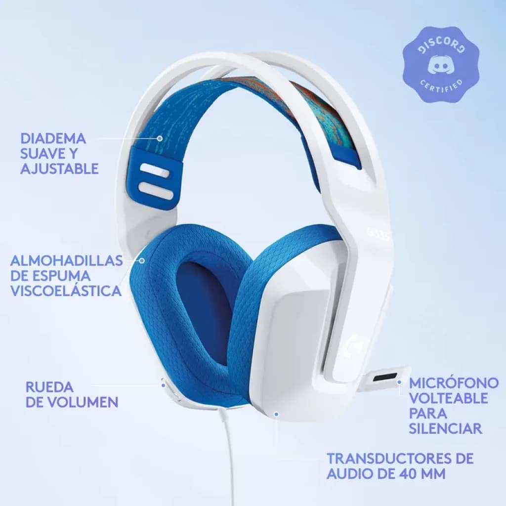 Logitech G G335 Wired Headset Casque Avec fil Arceau Jouer Blanc avec arceau réglable, coussinets bleu en mousse, roue de volume, micro relevable, 40 mm