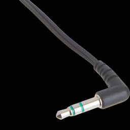 Sony MDR-E9LP Preto: conector P2 3,5 mm em L, metálico com anéis verdes, cabo preto resistente, design compacto para conexão estável em dispositivos móveis