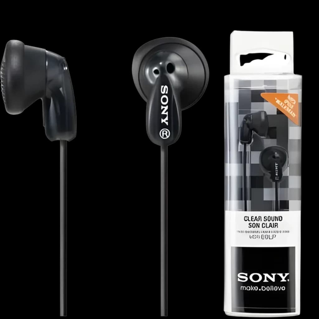 Sony MDR-E9LP Preto: fones intra-auriculares pretos com cabo fino, design leve, conchas arredondadas e embalagem transparente destacando som claro