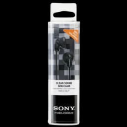 Sony MDR-E9LP Preto: fones intra-auriculares compactos, cabo fino, conchas arredondadas com logotipo Sony, embalagem transparente com detalhe de som claro