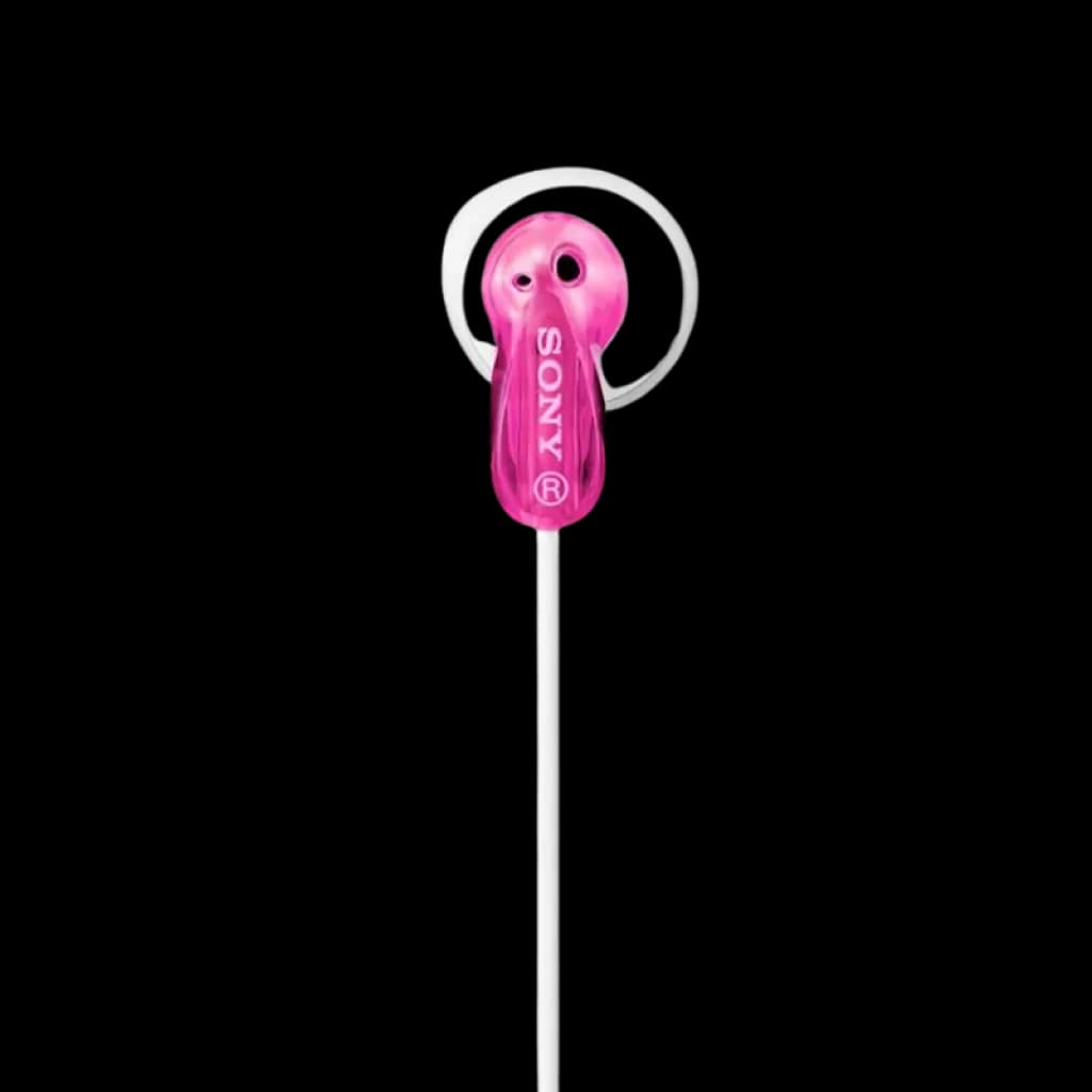 Sony MDR-E9LP Rosa auricular intra-auricular compacto em rosa brilhante, cabo branco fino, design leve com logo Sony visível e saída de som frontal