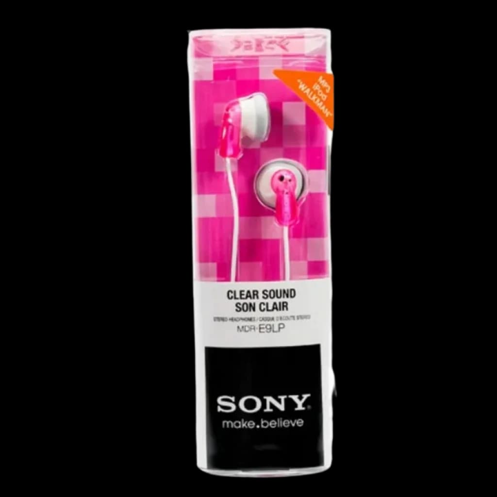 Sony MDR-E9LP Rosa com design intra-auricular, acabamentos em rosa translúcido, almofadas brancas e cabo branco fino; embalagem retangular com padrão rosa.