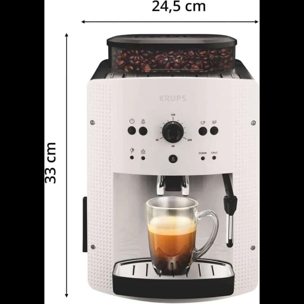 Krups EA8105 máquina de café expresso branca, 33 x 24,5 cm, moedor integrado com grãos visíveis, bico duplo, vaporizador lateral e bandeja coletora