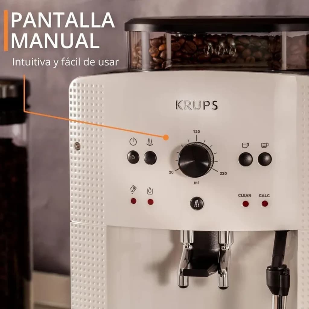 Krups EA8105 Máquina de café expresso super automática 1,6 L em branco, moedor visível, botão central de volume, ícones de vapor e água, bicos duplos e