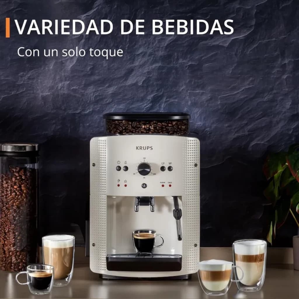 Krups EA8105 Máquina de café expresso super automática 1,6 L em branco, moedor integrado, painel frontal com botões e bico duplo para duas xícaras