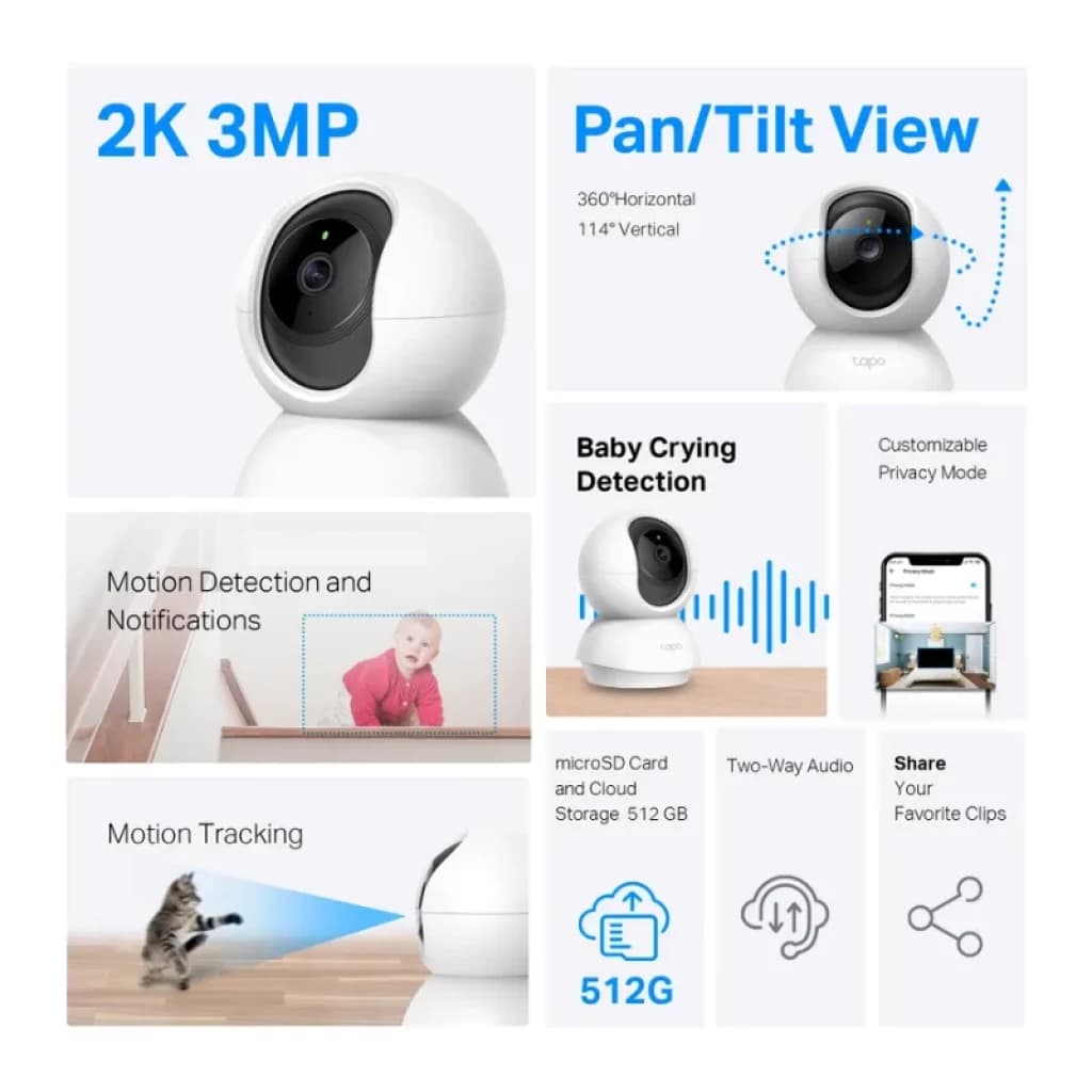 Cámara de seguridad IP TP-Link Tapo C210 2K 360º blanca; lente negra, visión panorámica, detección de movimiento, audio bidireccional y ranura microSD 512