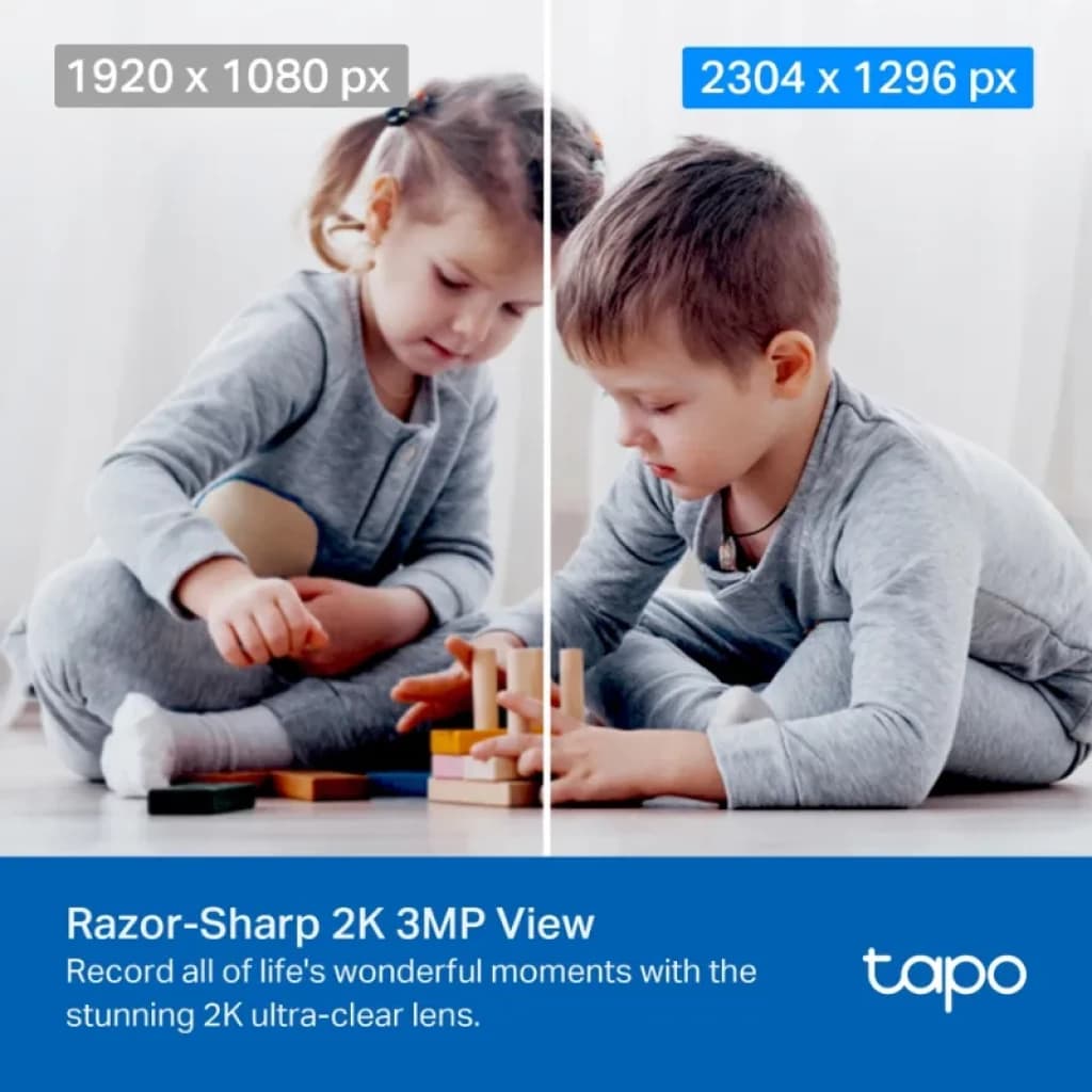 Cámara de seguridad IP TP-Link Tapo C210 2K 360º Blanco con lente 3MP; muestra comparación 1920x1080 vs 2304x1296 destacando mayor nitidez y detalle