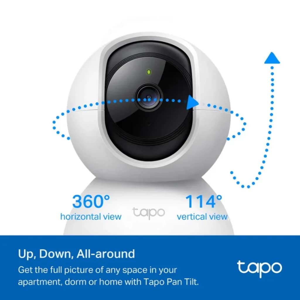 Cámara de seguridad IP TP-Link Tapo C210 2K blanca, diseño esférico con lente central, rotación 360° horizontal y 114° vertical, acabado mate compacto