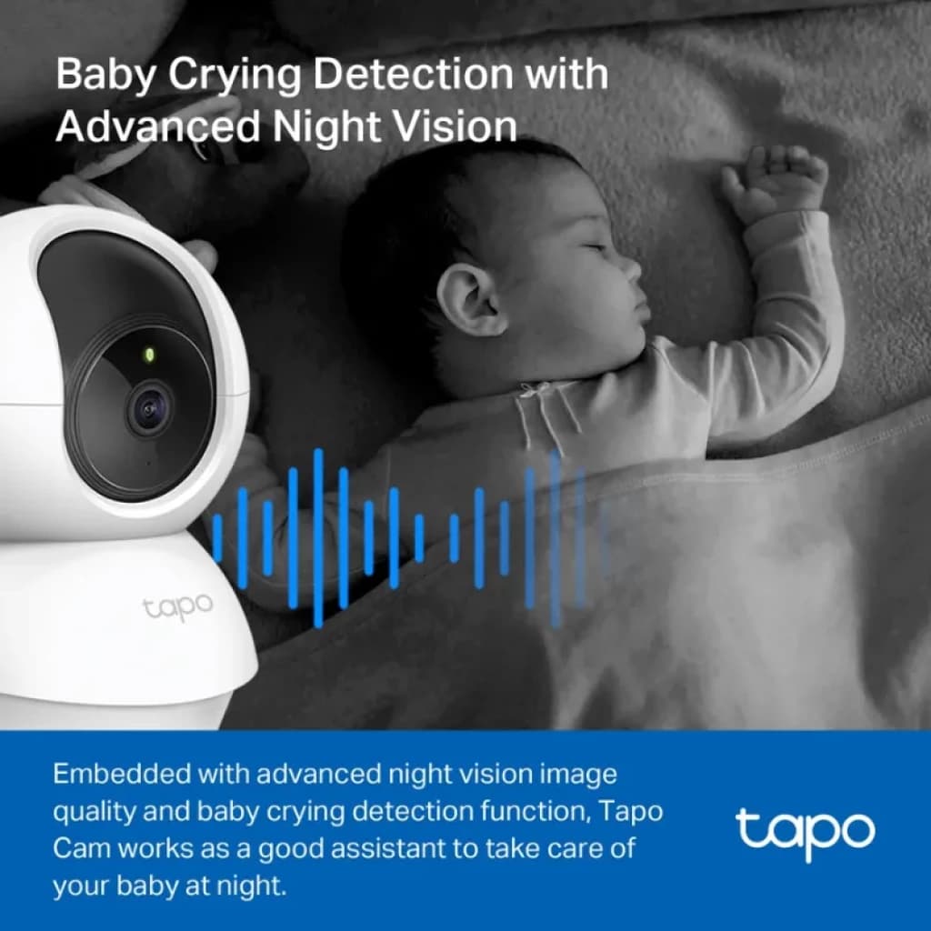 Cámara de seguridad IP TP-Link Tapo C210 2K 360º Blanco con lente negro, cuerpo blanco esférico, micrófono y led; detección de llanto y visión nocturna
