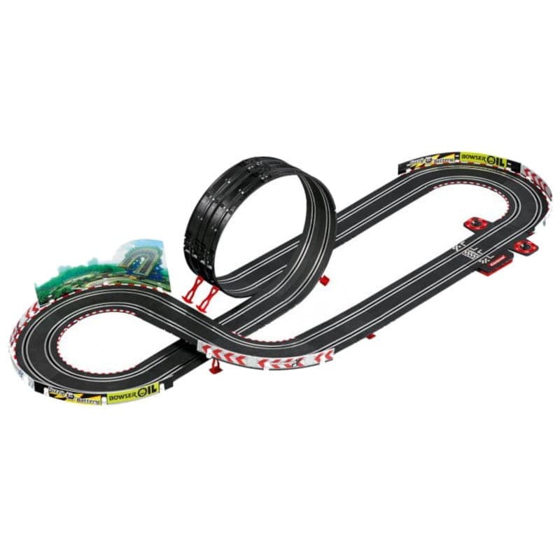 Circuit de Course Carrera RC Nintendo Mario Kart avec piste noire modulable, virages rouges, looping, pont et décor Bowser, rails doubles pour deux voitures