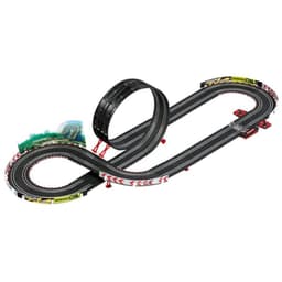 Circuit de Course Carrera RC Nintendo Mario Kart avec piste noire modulable, virages rouges, looping, pont et décor Bowser, rails doubles pour deux voitures
