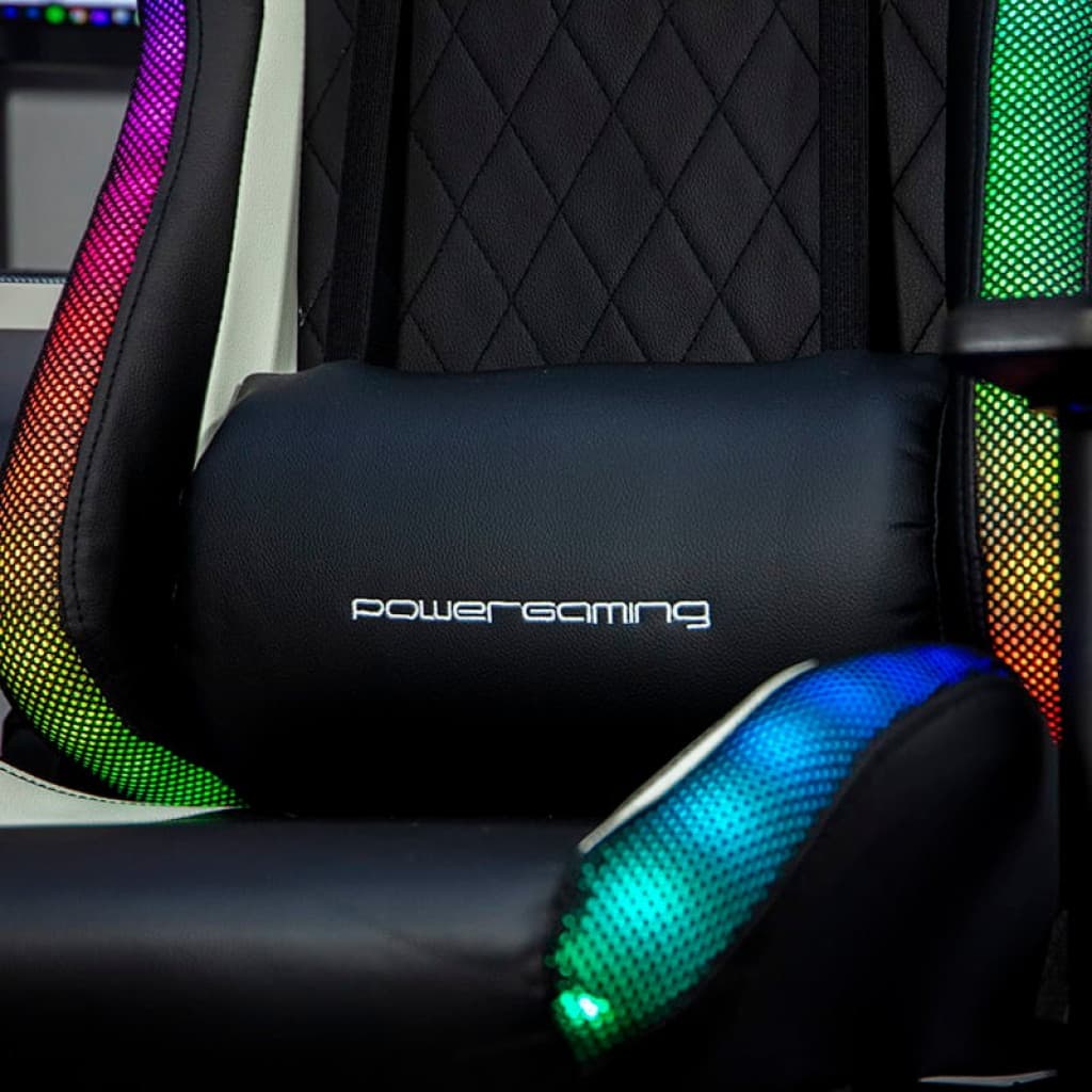 Coussin lombaire PowerGaming noir avec revêtement matelassé, accoudoirs rembourrés et liserés LED RGB dégradés, finition blanc et noir, reconditionné