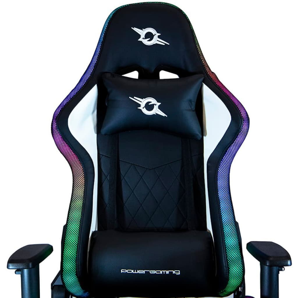 Chaise PowerGaming LED RGB V2 Blanc reconditionnée classe B avec coussins lombaire et nuque, liserés RGB, accoudoirs réglables et repose pieds intégré