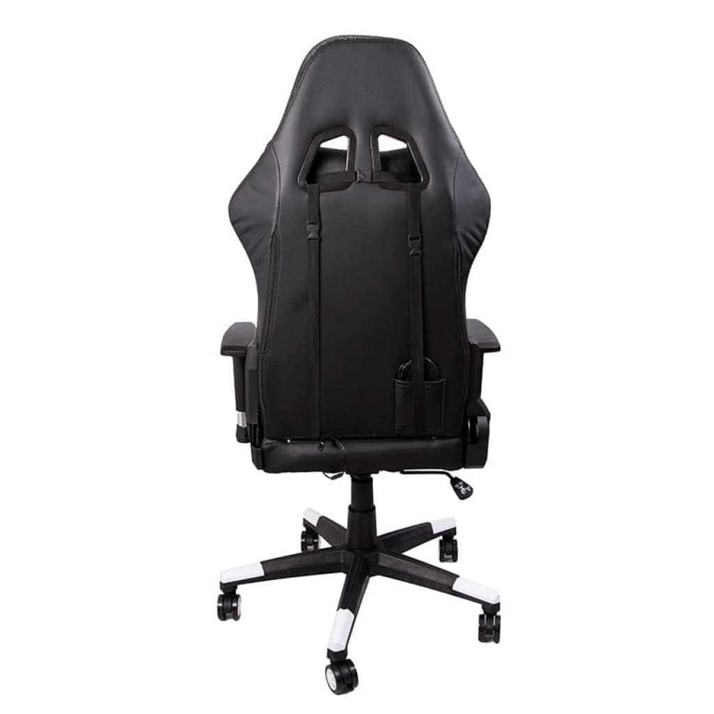 Chaise PowerGaming LED RGB V2 blanche, dossier type baquet, accoudoirs réglables, base à 5 roulettes bicolores, repose pieds intégré, reconditionnée