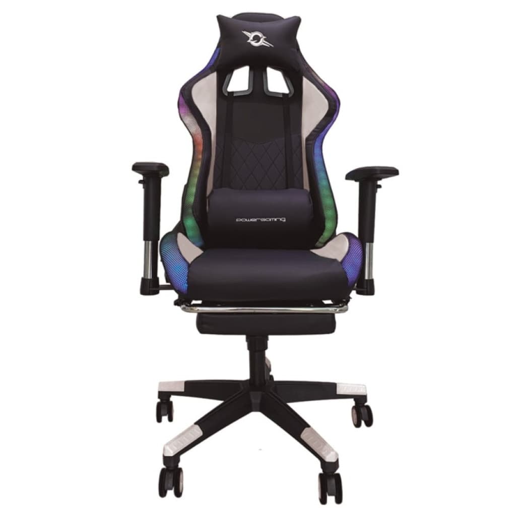 Chaise PowerGaming LED RGB V2 blanche avec accoudoirs réglables, repose-pieds escamotable, dossier ergonomique, mesh latéral lumineux, Class B reconditionné