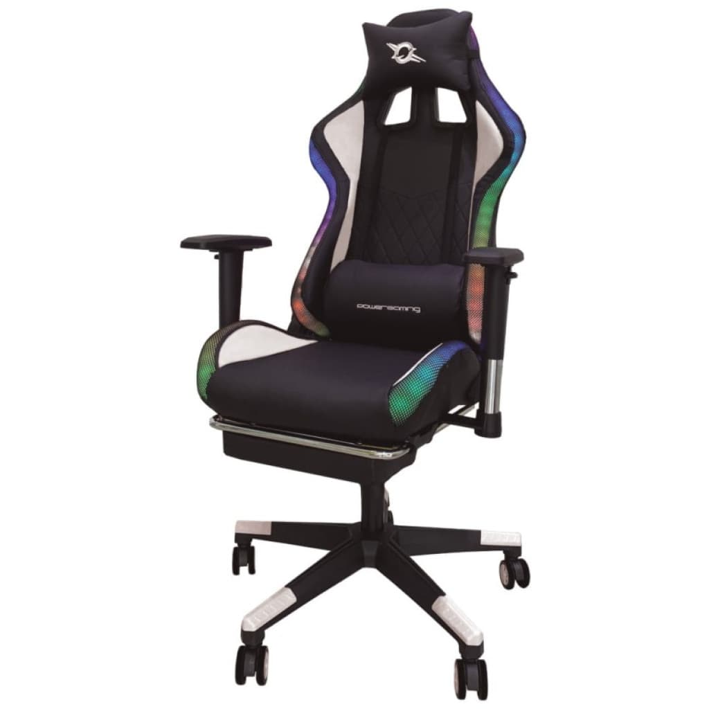 Chaise gaming blanche PowerGaming LED RGB V2 avec repose-pieds, accoudoirs réglables, appuie-tête, dossier ergonomique et roulettes, reconditionnée Classe B