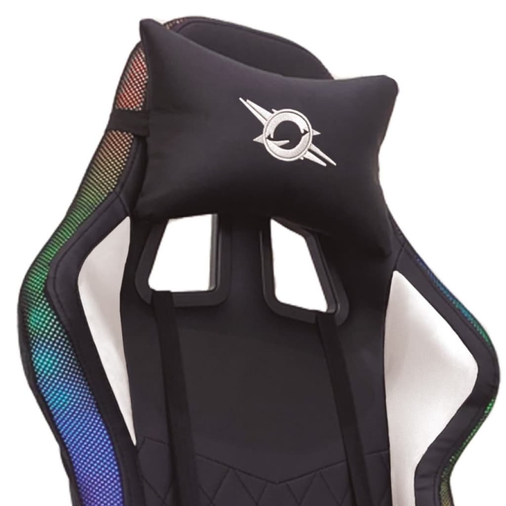 Chaise PowerGaming LED RGB V2 blanche avec coussin appui-tête, liserés RGB multicolores, dossier ergonomique et repose-pieds, reconditionné classe B