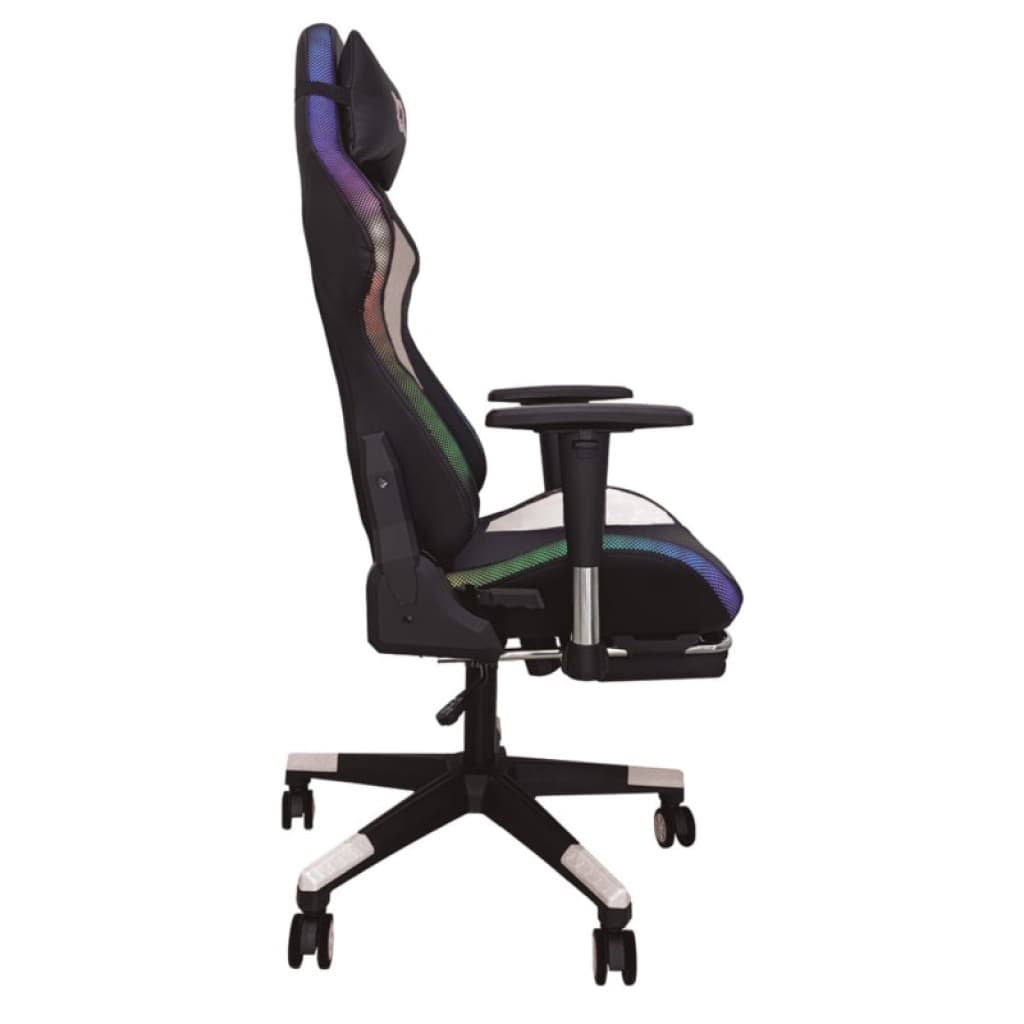 Chaise PowerGaming LED RGB V2 blanche avec repose-pieds, dossier haut ergonomique, accoudoirs réglables, base à roulettes noire, éclairage RGB latéral