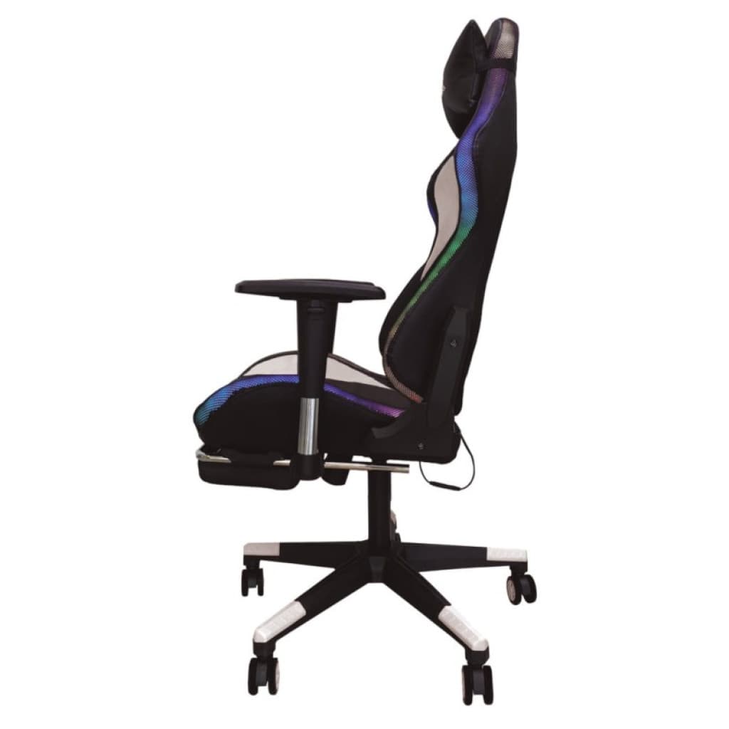 Chaise gaming blanche avec LED RGB, dossier haut ergonomique, accoudoirs réglables, repose pieds extensible, base à roulettes noire, reconditionné Classe B