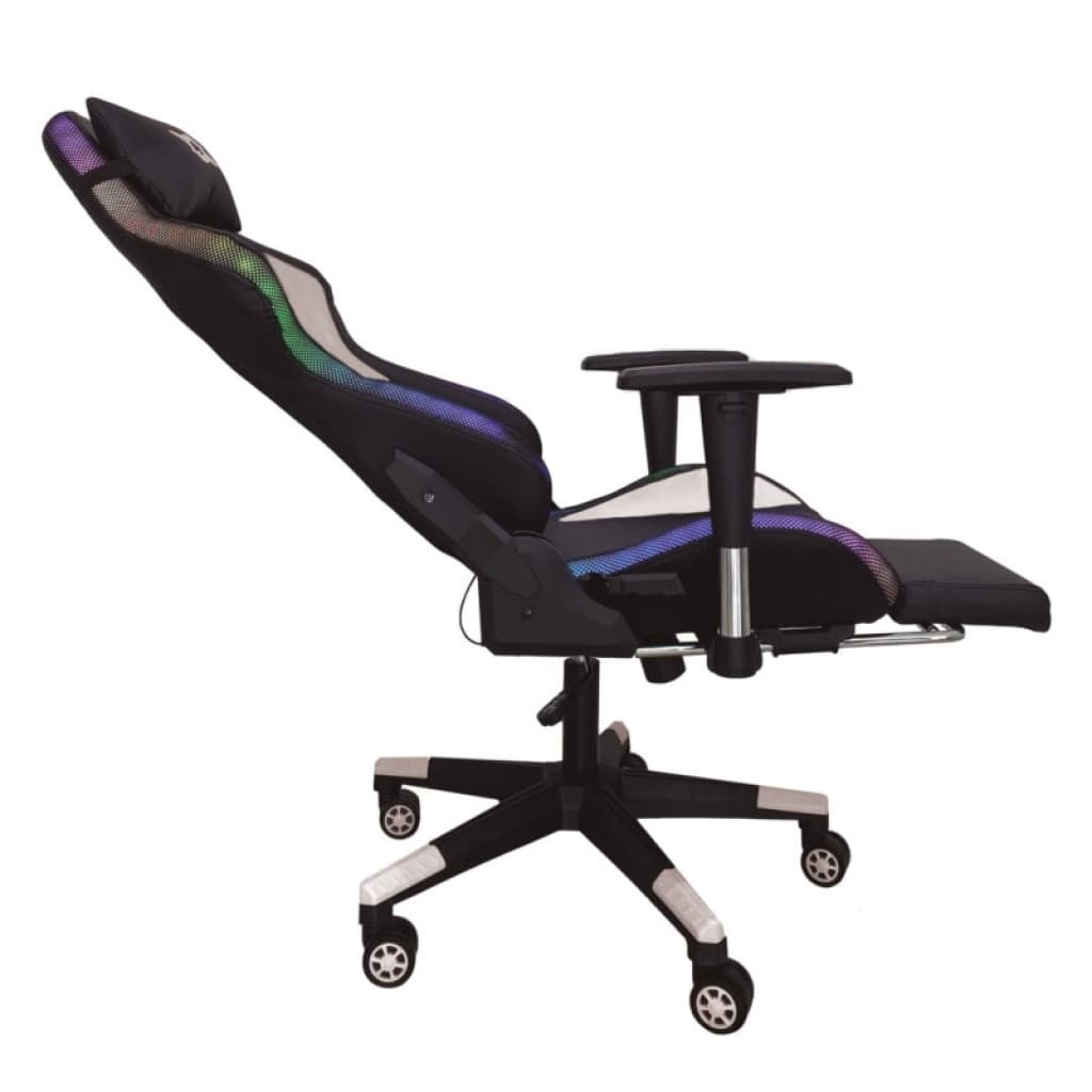 Chaise gamer blanche avec LED RGB, dossier inclinable, accoudoirs réglables, repose pieds extensible, base à roulettes, finition Class B reconditionnée