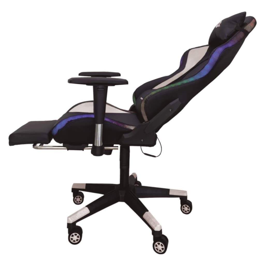 Chaise gaming blanche avec LED RGB, dossier inclinable, repose-pieds extensible, accoudoirs réglables, base à roulettes noire et grise, reconditionné classe