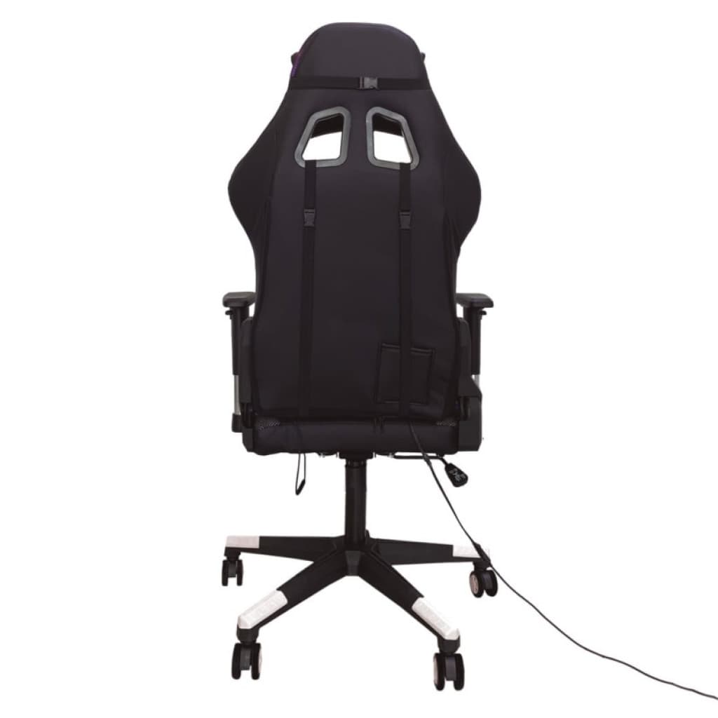 Chaise gaming blanche avec LED RGB, dossier baquet, accoudoirs réglables, repose-pieds, base à roulettes, câble de contrôle, état reconditionné classe B