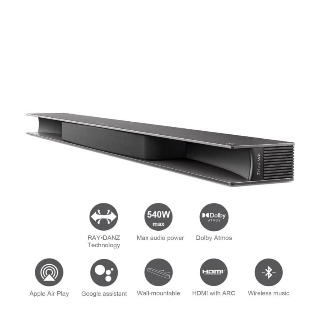 Barra de sonido TCL TS9030 RAY·DANZ Series Titanio 3.1, diseño gris con ranuras laterales, frontal abierto y controles laterales; logos Dolby Atmos y 540W