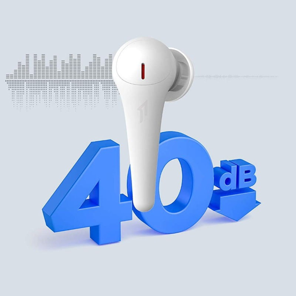 1MORE ComfoBuds Pro Branco sem selo: earbuds brancos com haste longa, detalhes em cinza e vermelho, estojo oval branco com logo 1MORE discreto - Item3