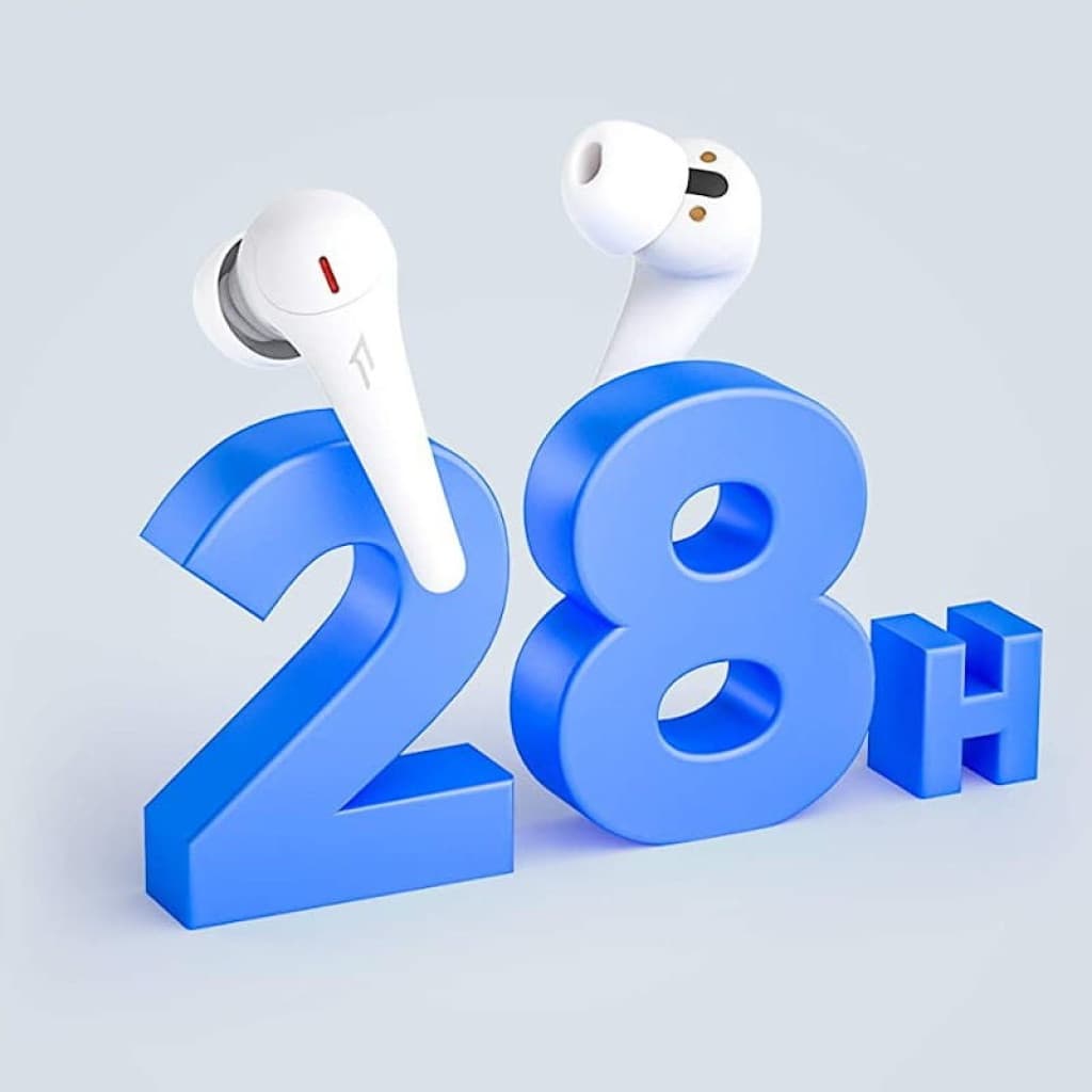 1MORE ComfoBuds Pro Blanc Écouteurs Bluetooth Déscellés avec embouts silicone, tiges blanches et indicateurs, autonomie mise en avant 28 h