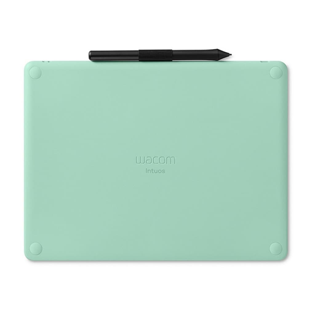 Tablette graphique compacte pistache Wacom Intuos S avec stylet noir, surface lisse, coins arrondis et patins antidérapants, version non scellée