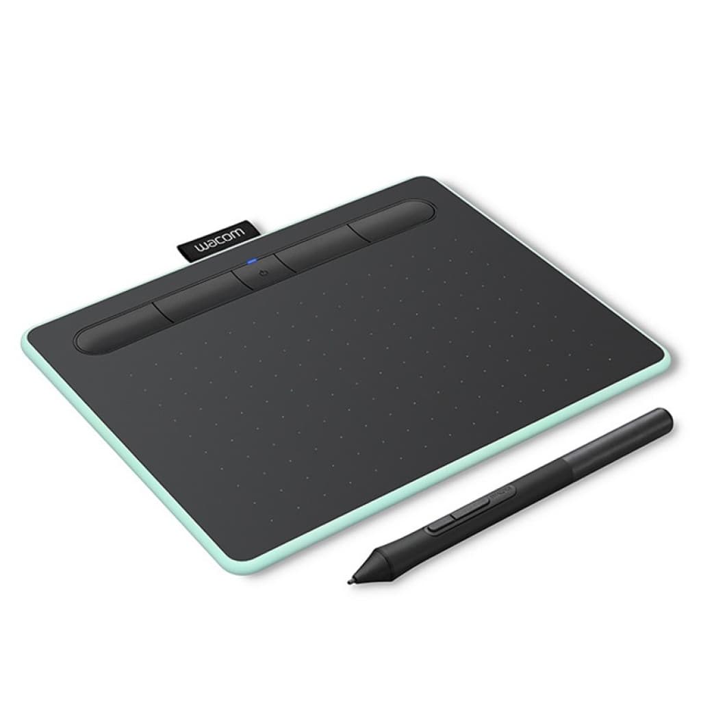 Tablette graphique compacte pistache avec surface noire à points, 4 boutons intégrés et stylet précis à deux boutons, bord coloré et étiquette Wacom