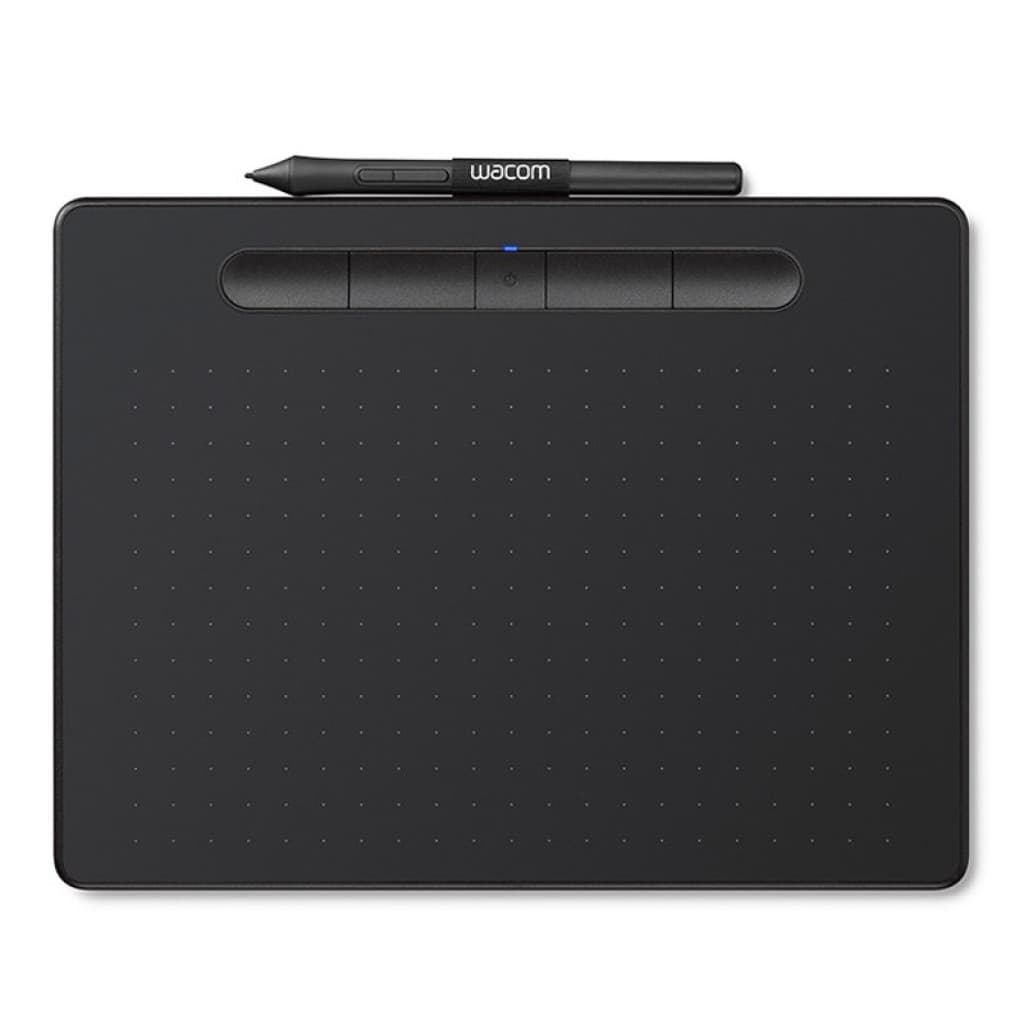 Tablette graphique compacte noire avec stylet Wacom, surface à points, quatre boutons ExpressKey en haut, éclair LED bleu, format S pistache, Bluetooth