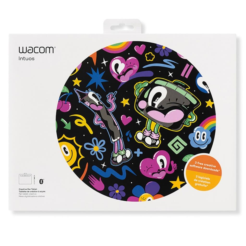 Tablette graphique Wacom Intuos S pistache avec Bluetooth, emballage blanc illustré coloré, inclut 3 logiciels créatifs offerts, version non scellée