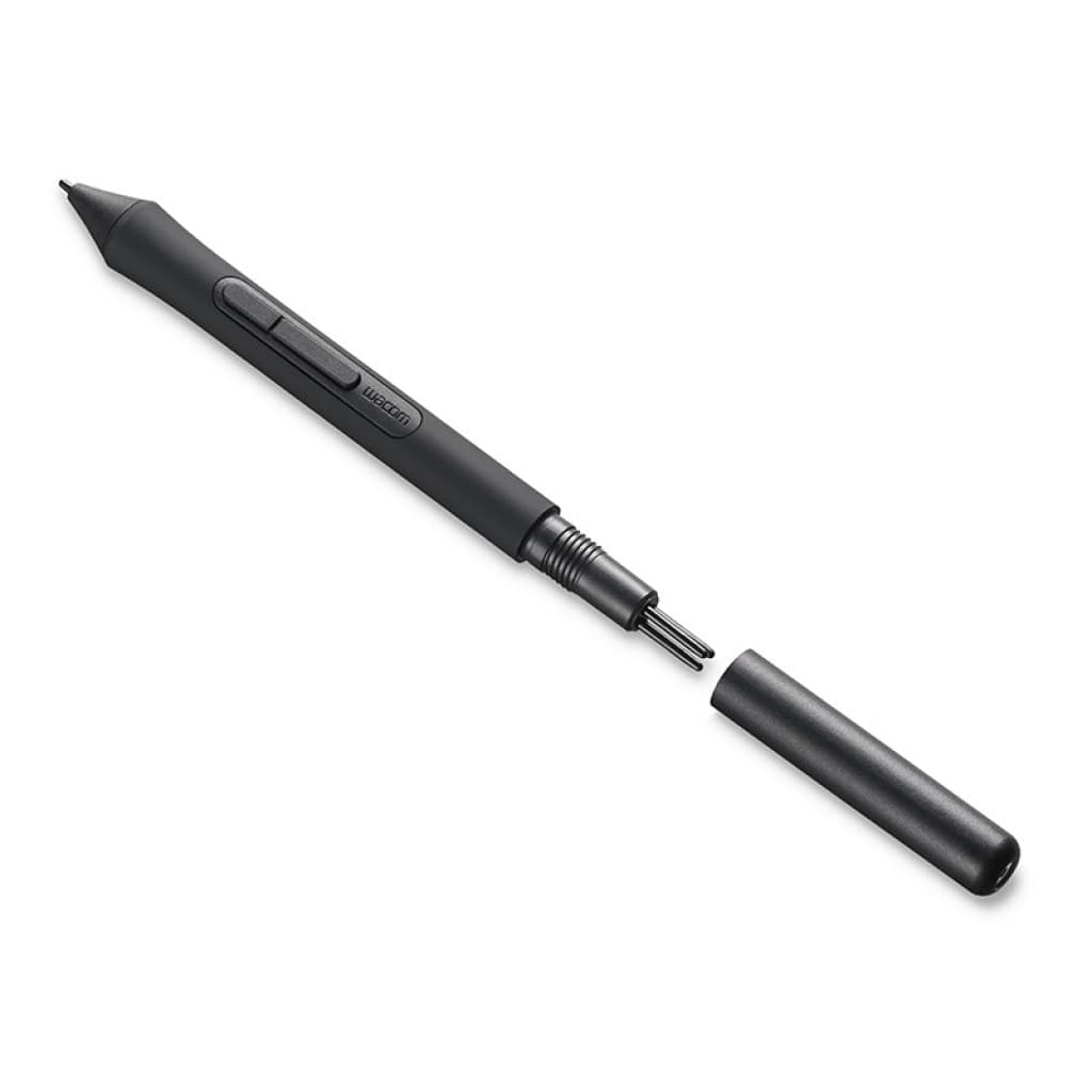 Stylet Wacom noir avec deux boutons latéraux, pointe fine et capuchon détachable révélant des pointes de rechange, design fin et ergonomique