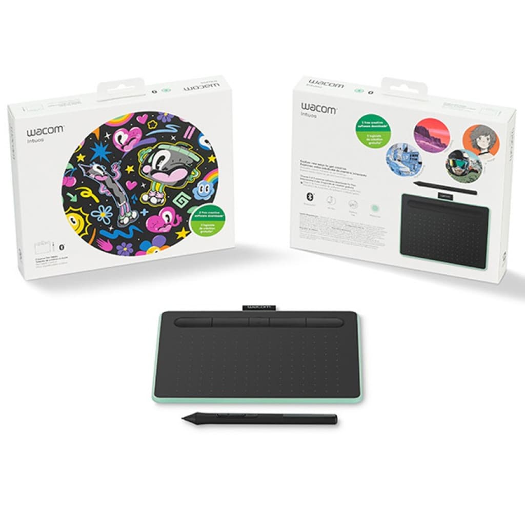 Tablette graphique Wacom Intuos S pistache avec stylet sans pile, surface noire à points, bord vert menthe, boutons supérieurs, emballage illustré visible