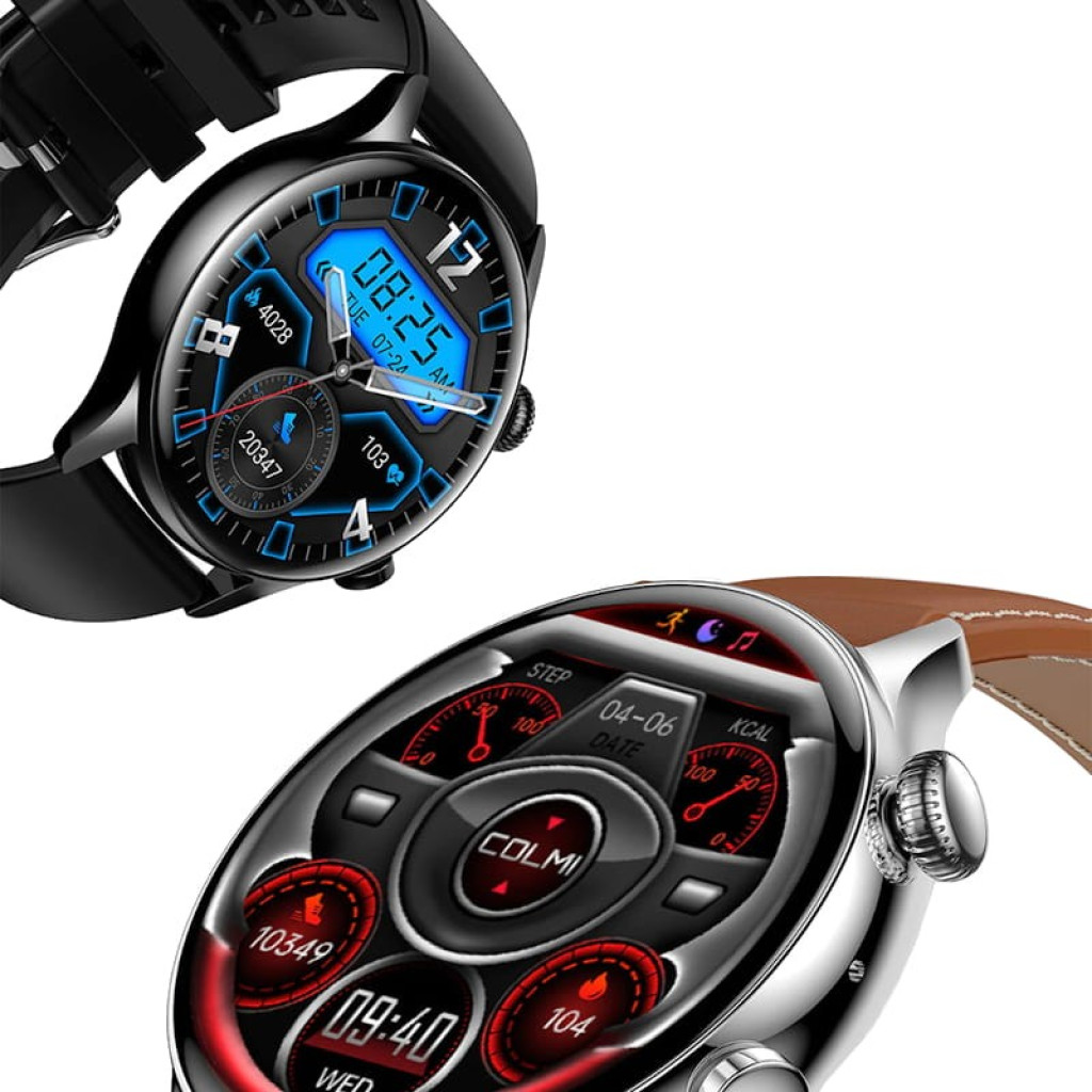 Colmi i30 Preto com correia de couro preta, caixa metálica preta, mostrador redondo com ponteiros e display digital azul, fivela clássica e furos ajustáveis - Item6