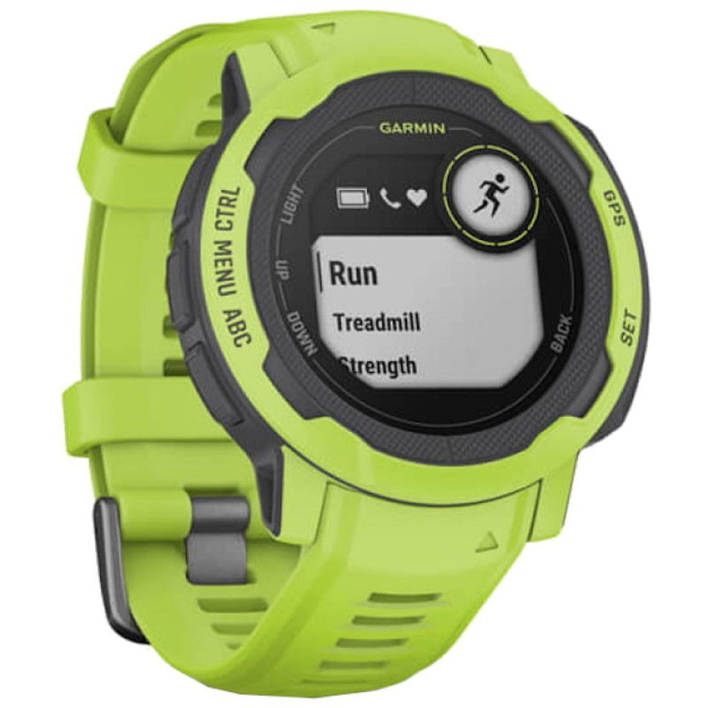 Montre Garmin Instinct 2 verte, boîtier 45 mm, écran rond noir, affichage heure et fréquence cardiaque, bracelet silicone ajustable, boutons latéraux GPS - Ítem8
