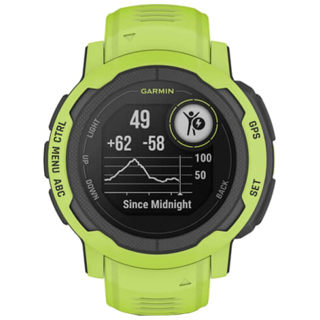 Montre Garmin Instinct 2 verte, boîtier 45 mm, écran rond noir, affichage heure et fréquence cardiaque, bracelet silicone ajustable, boutons latéraux GPS - Ítem6