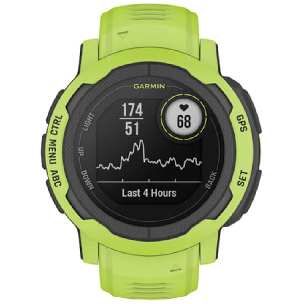 Montre Garmin Instinct 2 verte, boîtier 45 mm, écran rond noir, affichage heure et fréquence cardiaque, bracelet silicone ajustable, boutons latéraux GPS - Ítem4