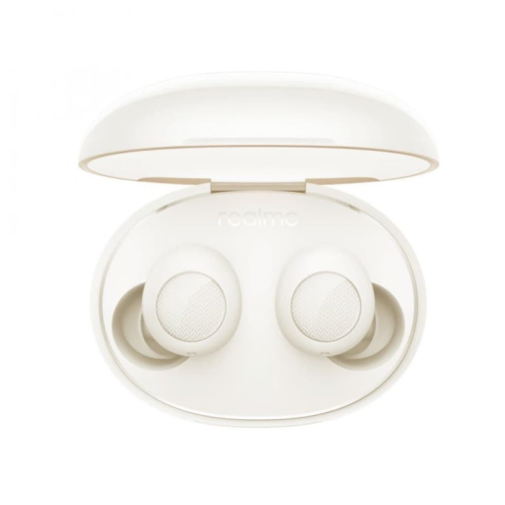 Auriculares realme Buds Q2s Blanco desprecintado con estuche de carga ovalado, diseño minimalista en blanco marfil y puntas intrauditivas suaves