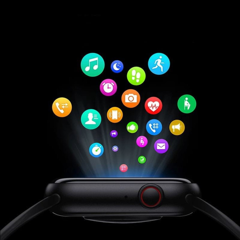 Kumi KU2 Pro Preto smartwatch desembalado, caixa preta com tela colorida retangular, botão lateral vermelho, pulseira de silicone ajustável e design moderno - Item3