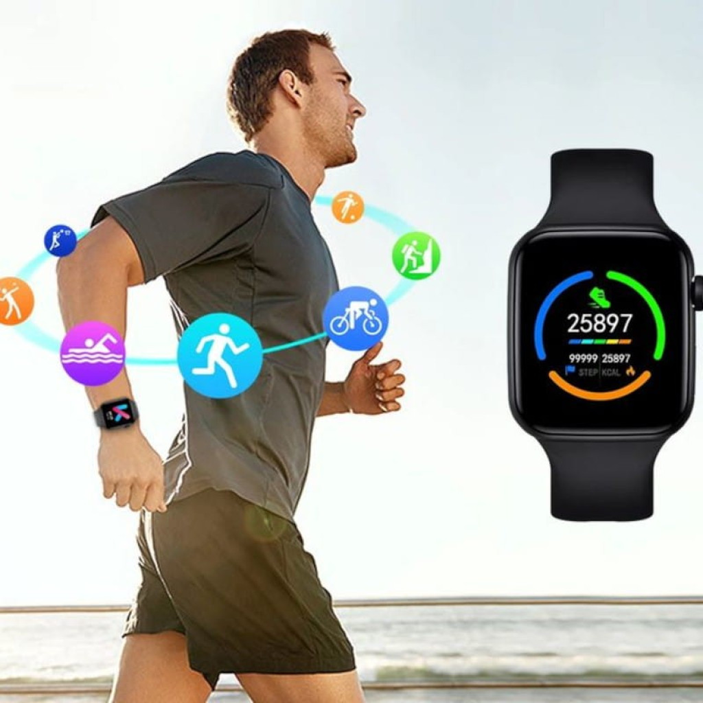 Kumi KU2 Pro Preto smartwatch desembalado, caixa preta com tela colorida retangular, botão lateral vermelho, pulseira de silicone ajustável e design moderno - Item2