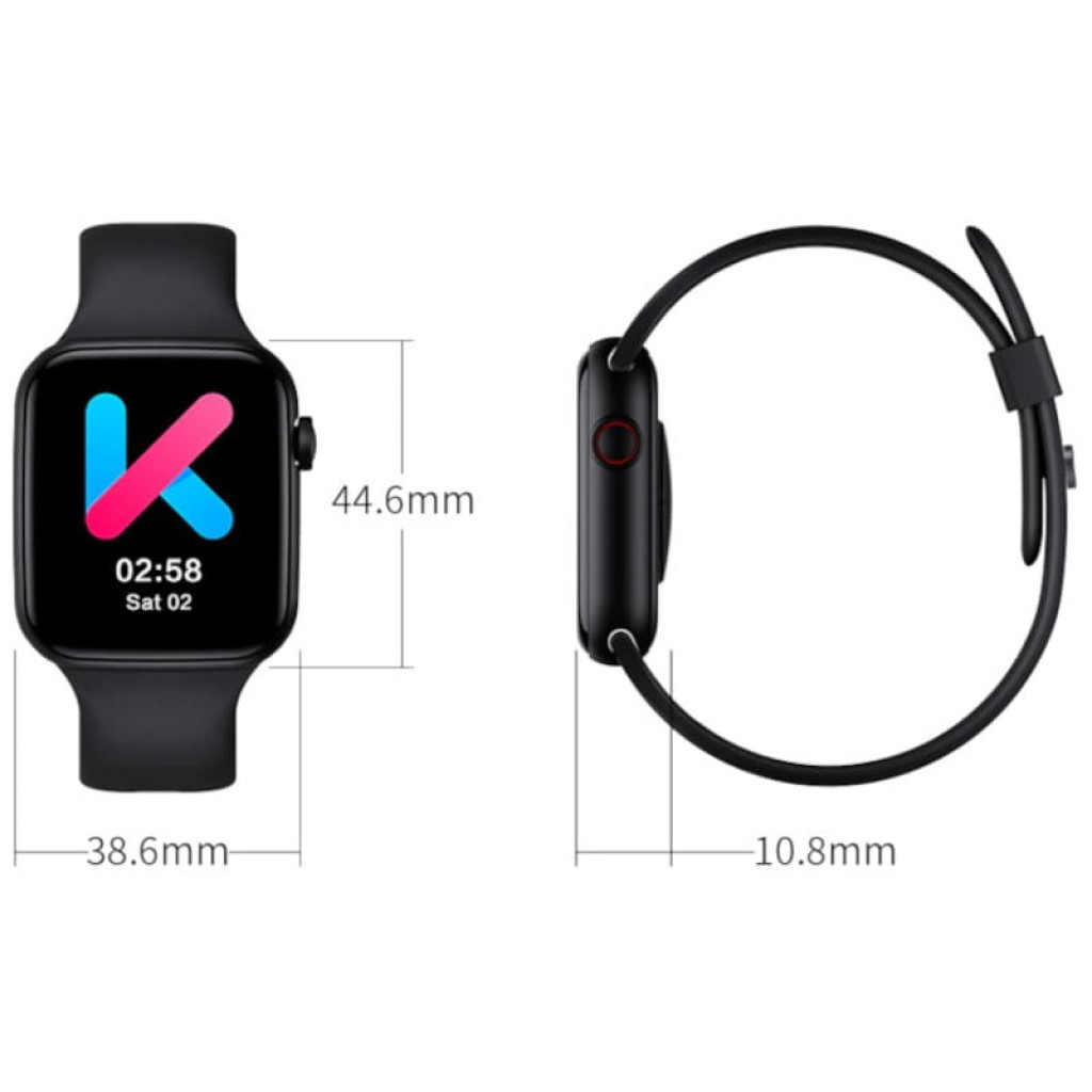 Kumi KU2 Pro Preto smartwatch desembalado, caixa preta com tela colorida retangular, botão lateral vermelho, pulseira de silicone ajustável e design moderno - Item1
