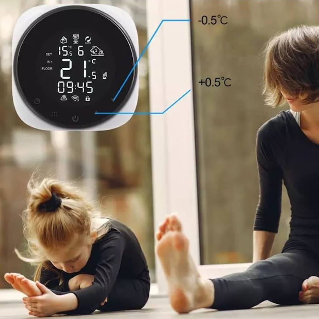 Thermostat intelligent Girier pour chaudière électrique 16A Tuya Smart, écran LCD rond noir avec icônes, affichage température, heure et réglages