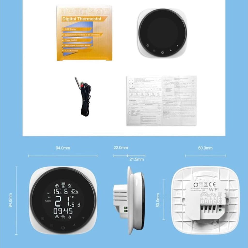 Thermostat intelligent Girier 16A pour chaudière électrique, écran tactile LED noir, WiFi Tuya, sonde incluse, montage mural, affichage température et