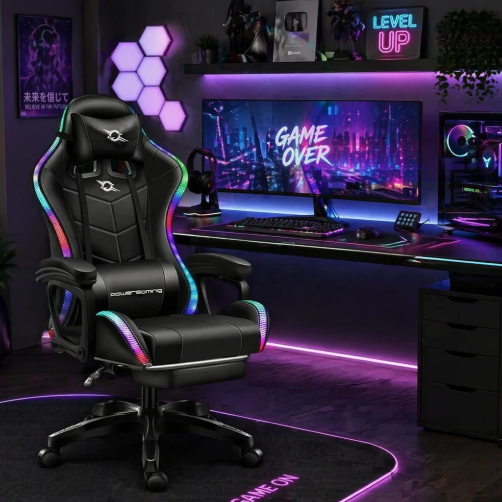 Silla Gaming PowerGaming LED RGB Negro con Reposapiés - Clase B Reacondicionado - Ítem1