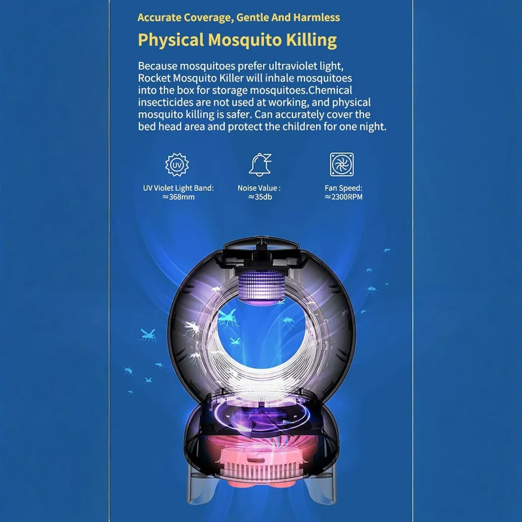 Dispositivo antimosquitos azul em forma de foguete, luz UV violeta central, grelhas circulares e ventilador interno potente para atrair e capturar insetos