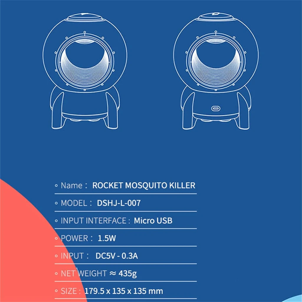 Lâmpada antimosquitos Sothing Rocket Mosquito Killer Azul, formato de foguete, luz interna, entrada Micro USB, compacta 179,5×135×135 mm, 1,5W, DC5V 0,3A