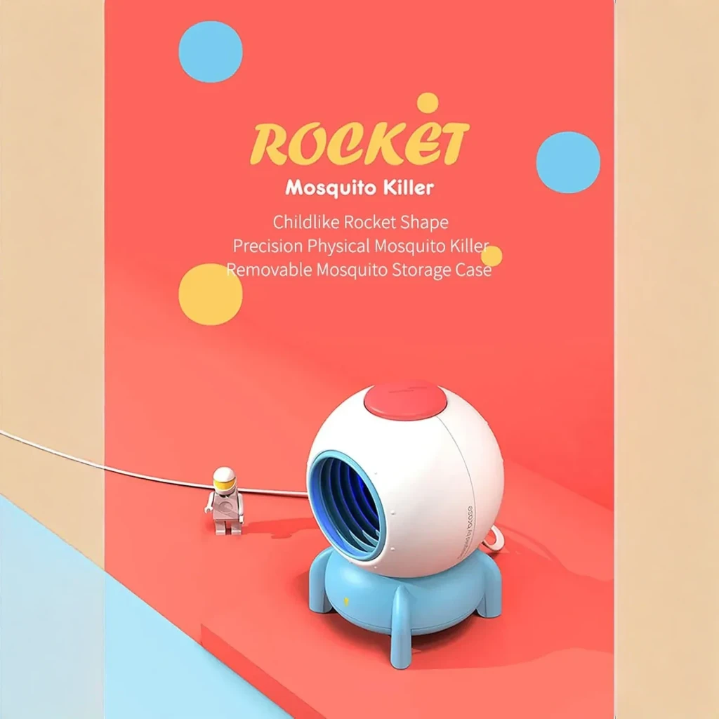 Lâmpada antimosquitos Sothing Rocket Mosquito Killer Azul com design de foguete infantil, corpo branco com base azul e grelha frontal azul, botão superior